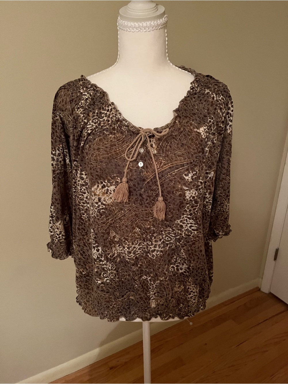 Bandolino Brown Animal-Print Tie-Neck Blouse